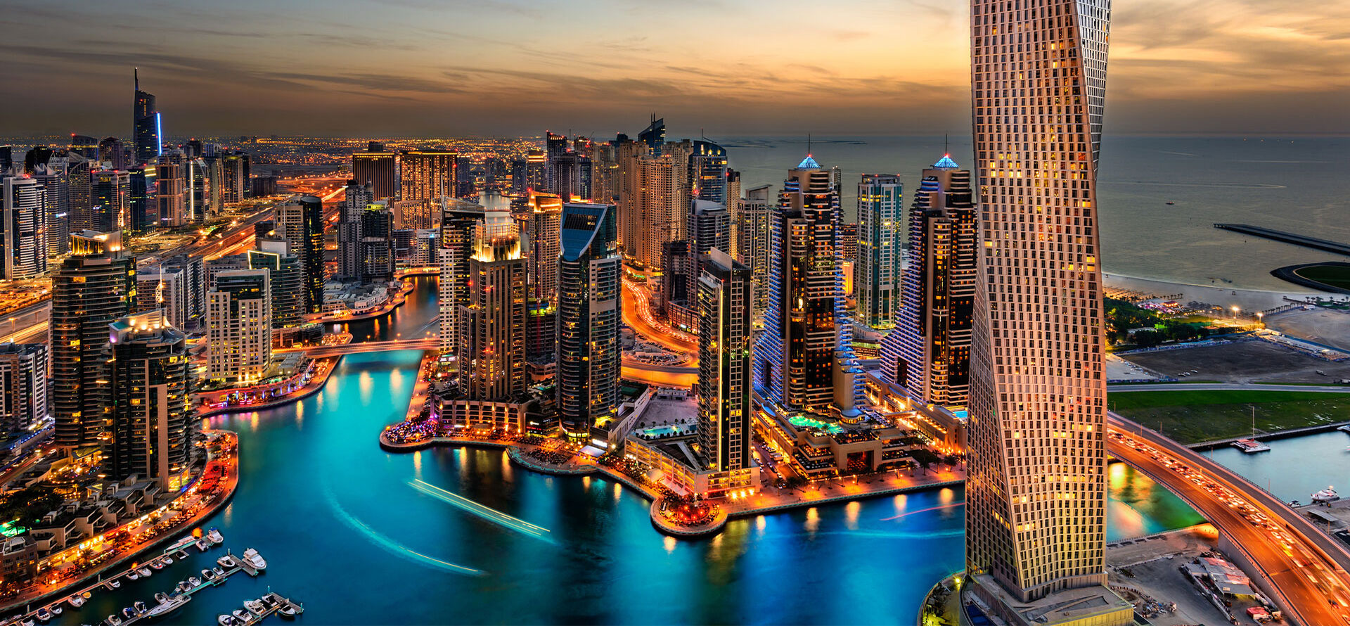 Dubai honeymoon resorts at night.