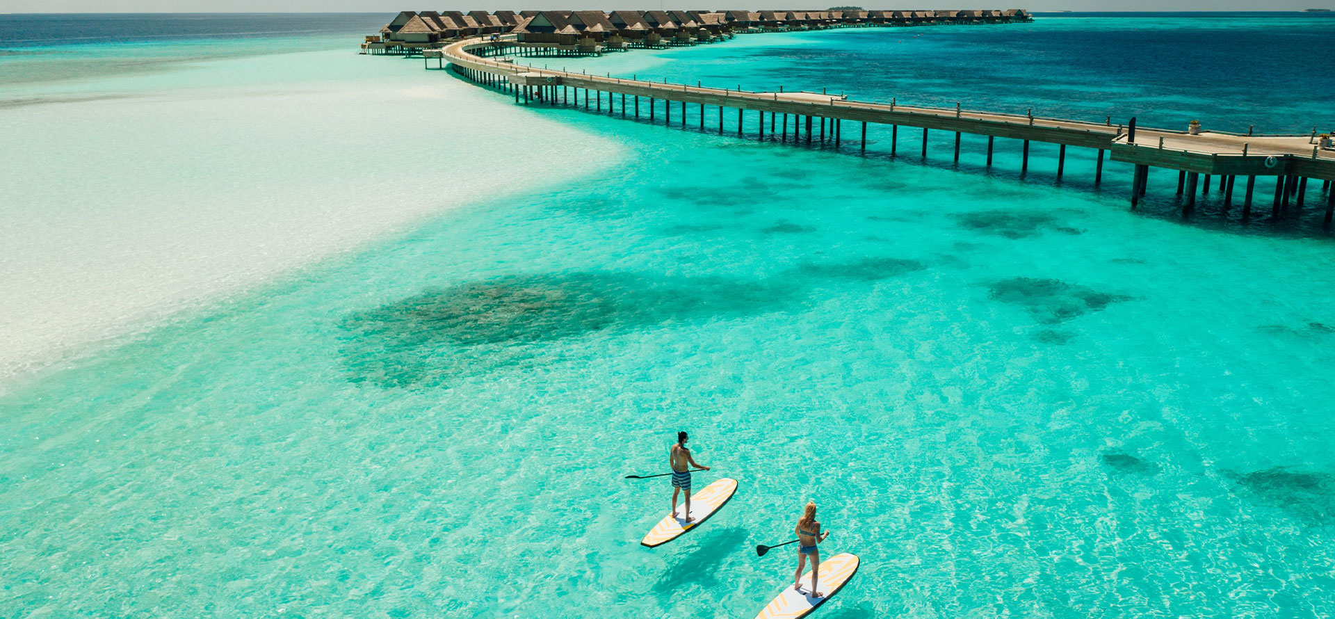 Maldives honeymoon couple sup board.