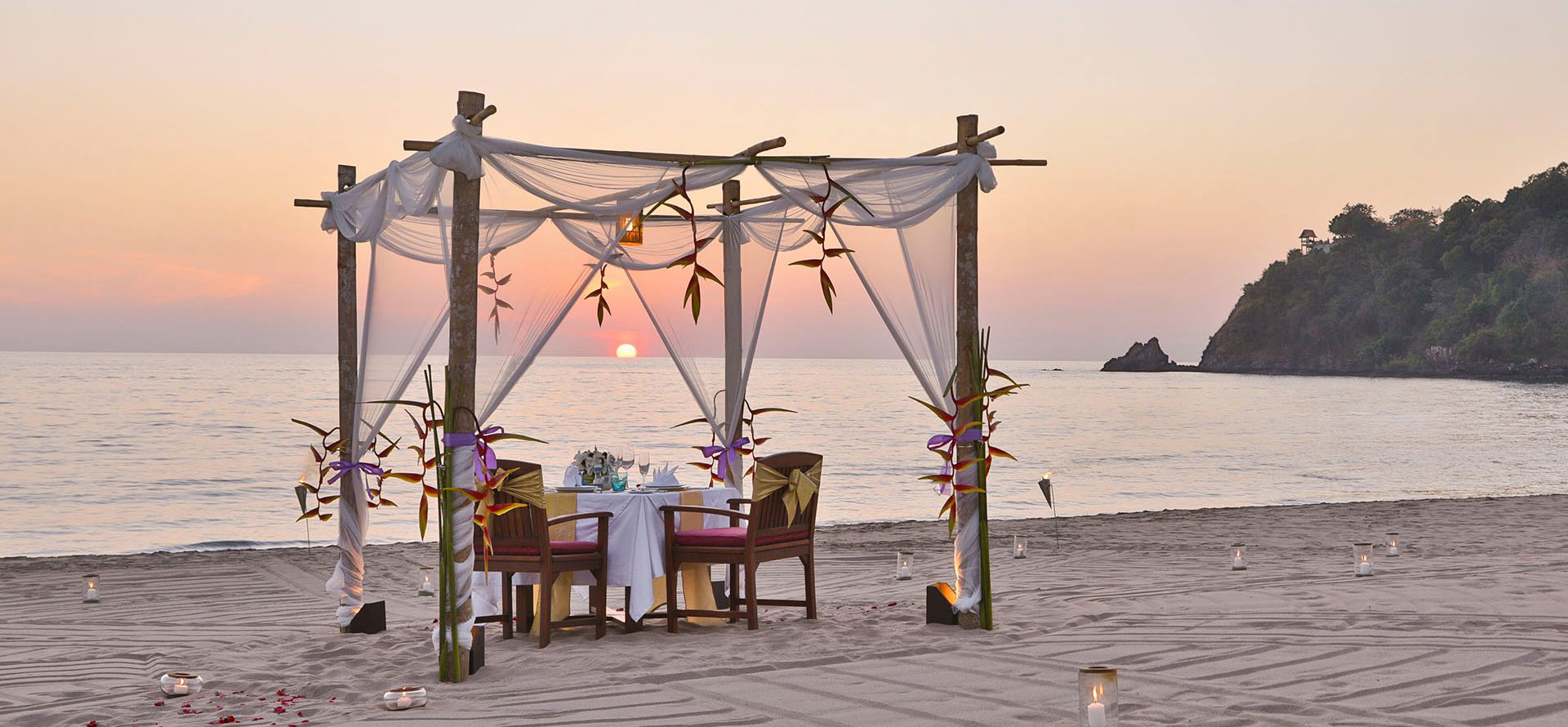 Thailand honeymoon resort at sunset.
