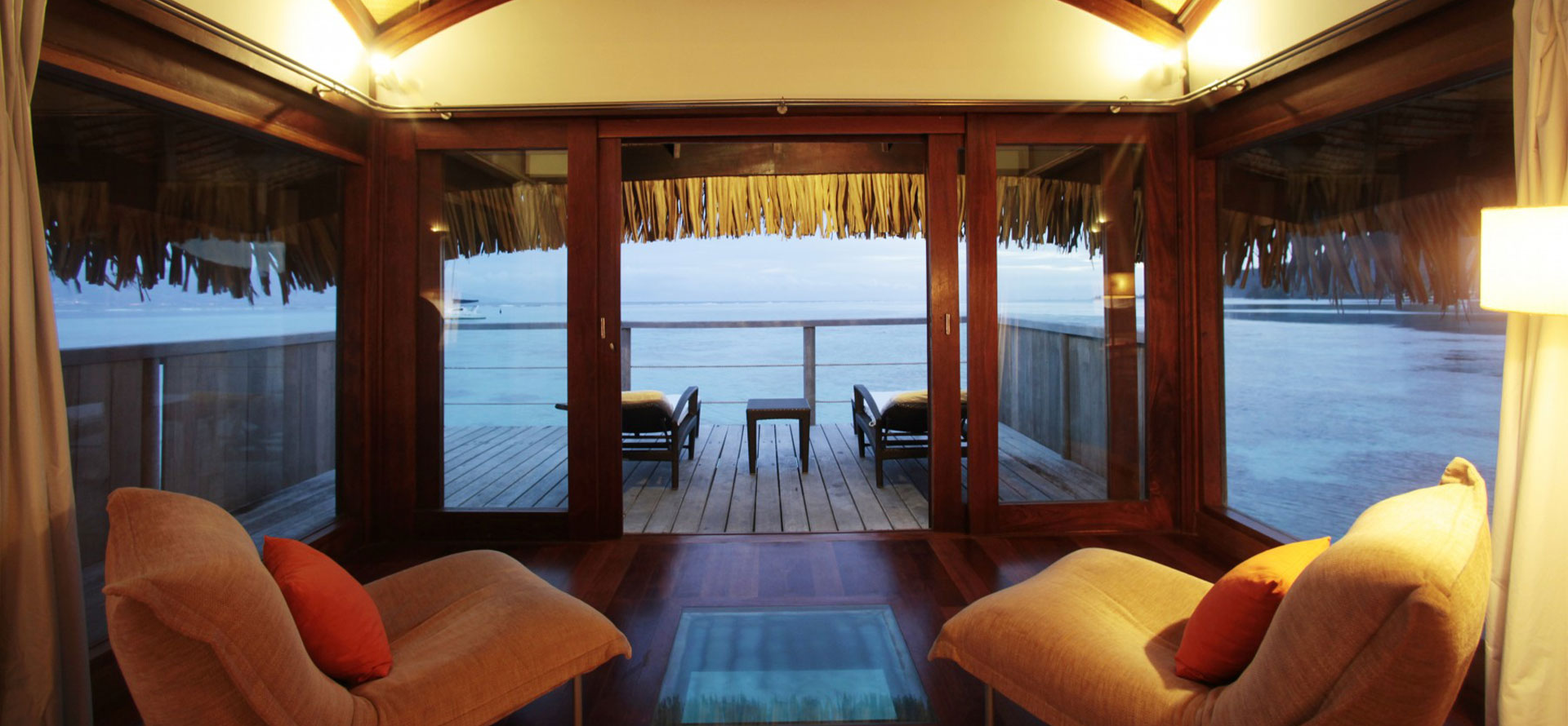 Room inside overwater bungalow in Moorea.