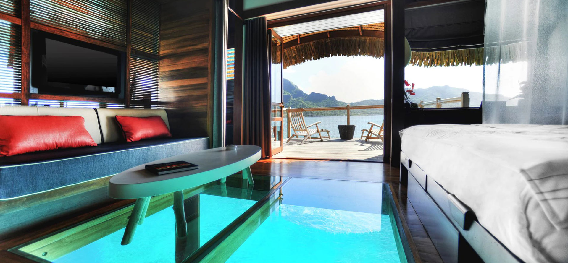 Overwater bungalow view inside.