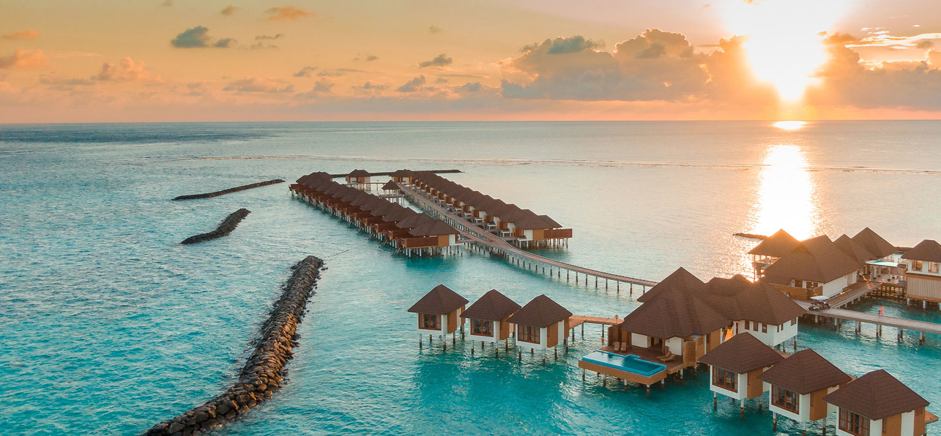 Bora Bora overwater bungalows bird eye level view.